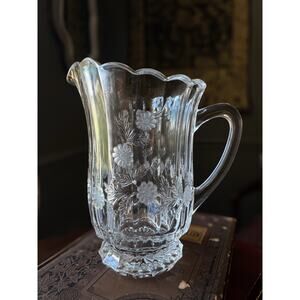 Vintage Etched Crystal Pitcher, Cottage Table Decor